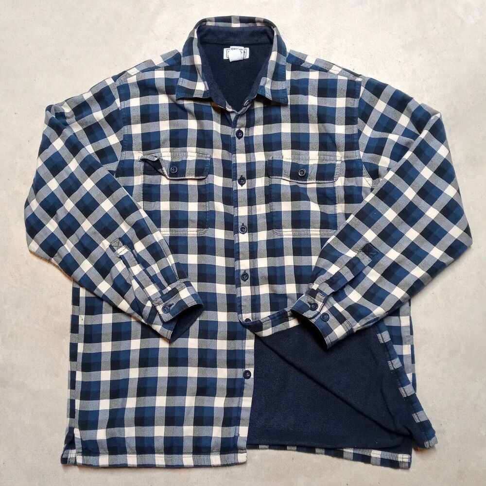 LL Bean Fleece Lined Flannel Shirt Mens LARGE Shacket Jacket Button Plaid